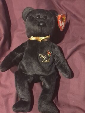 Ty Black Plush Bear "THE END" with Gold Bow and Embroidered Firework